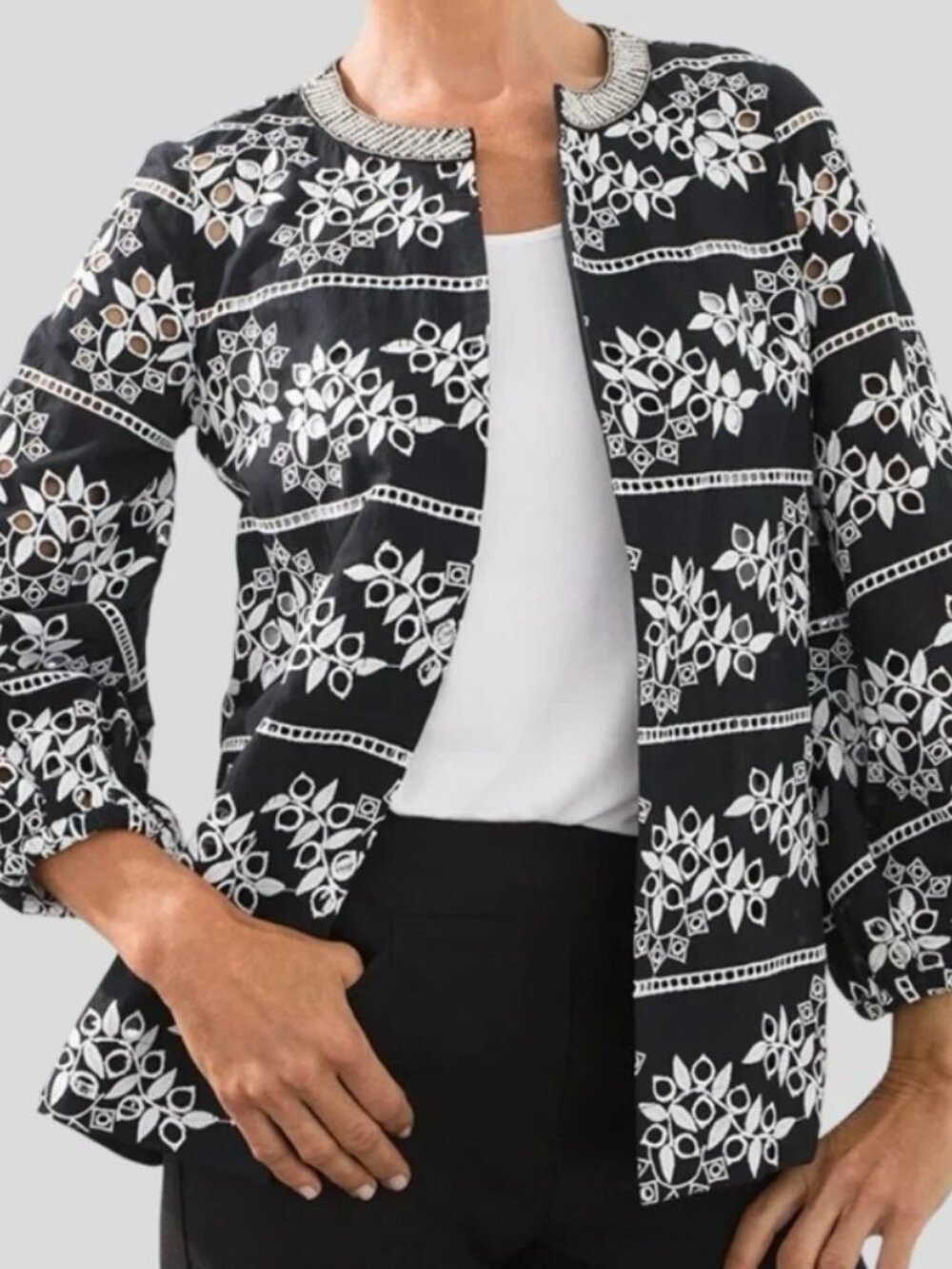 NWT CHICO'S Elegant Eyelet Jacket Beaded Collar 100% Cotton Size 2 (12/14)